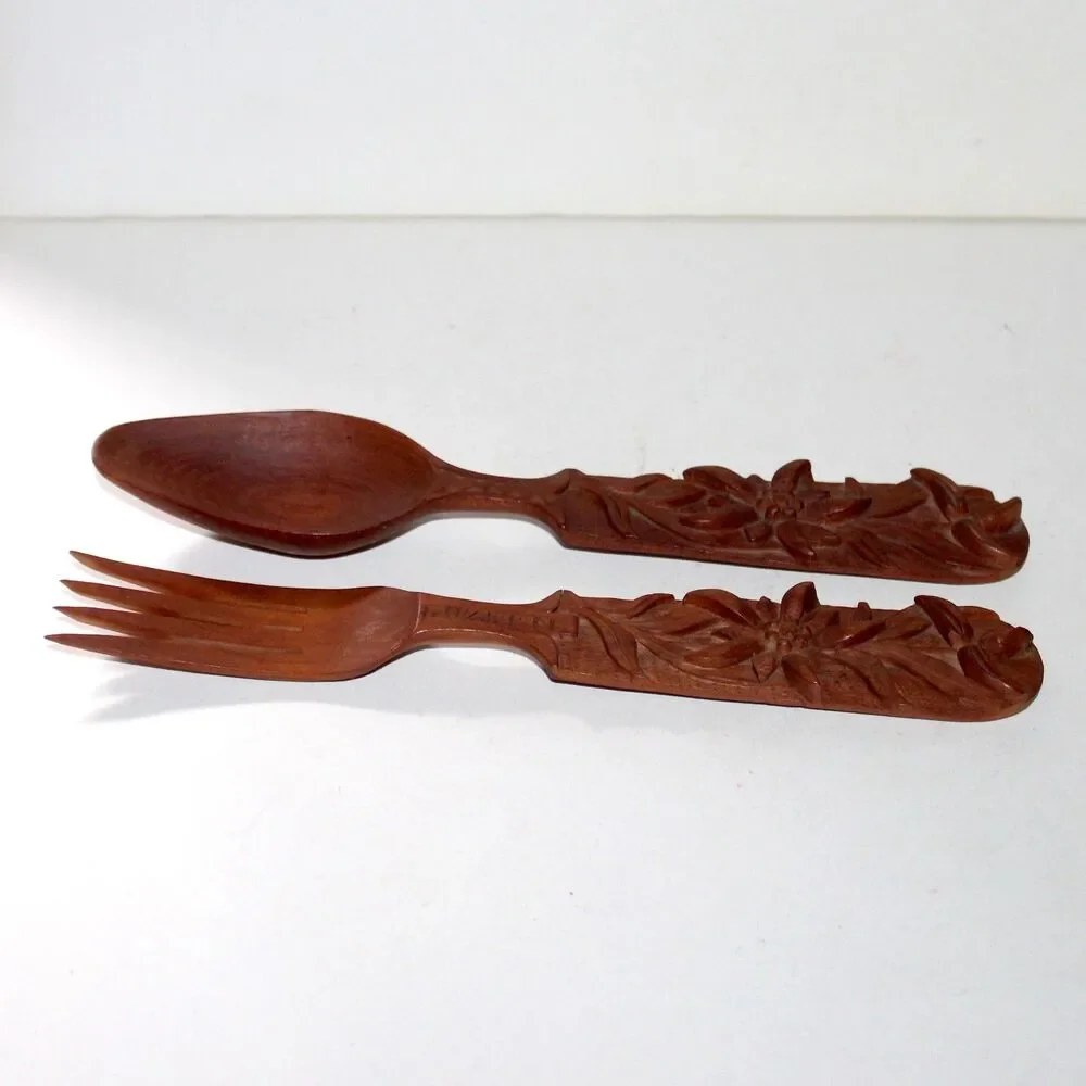 Hand Caved Wood Serving Fork Spoon Luzerne Switzerland Edelweiss flower set vtg
